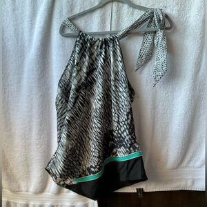 New York & Company Black and White Asymmetrical Tie Front Blouse